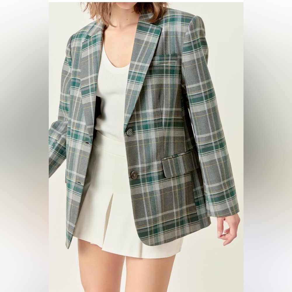 ENGLISH FACTORY Plaid Green and Gray Women's Blazer